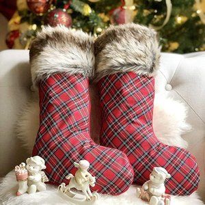 Plaid Christmas Stockings, Red, Faux Fur (2 Pcs)